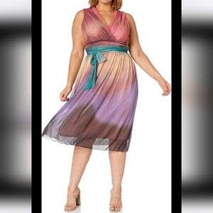 London Times Women's Mesh Surplus Bodice Waist Tie Dress 10 Pink Rose/Lilac